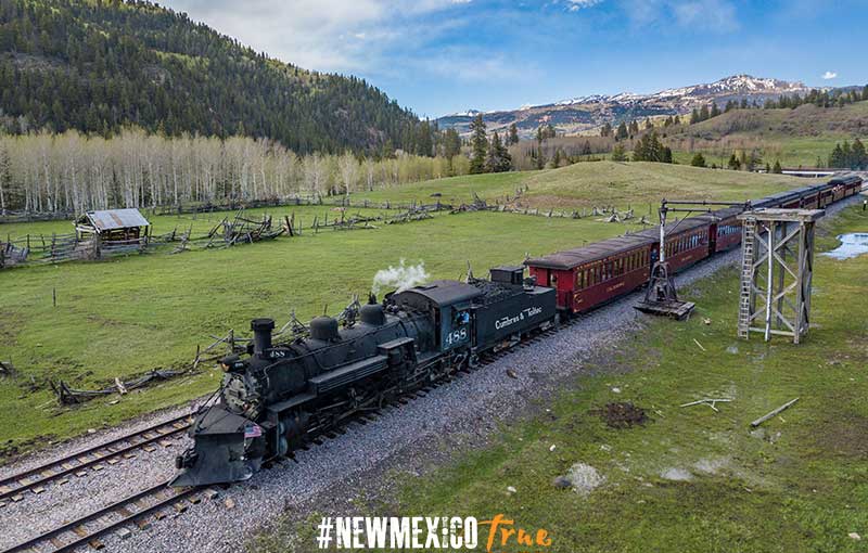 Steam railroad train through green meadow