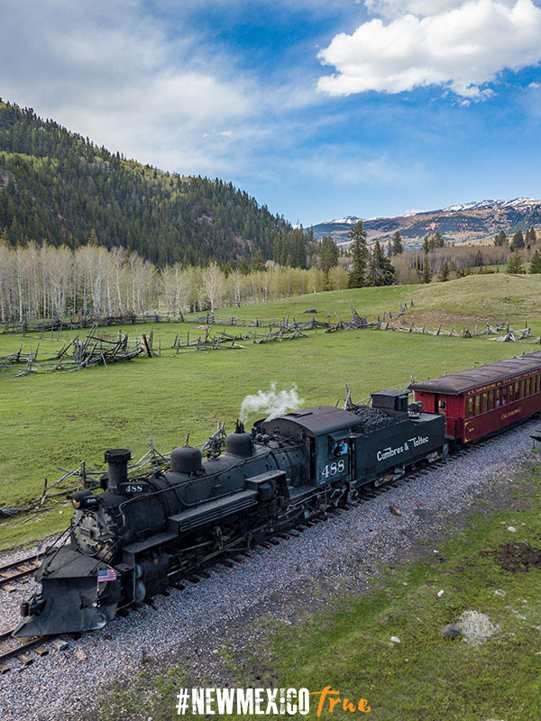 An overhead view of the Cumbres and Toltec railroad cars