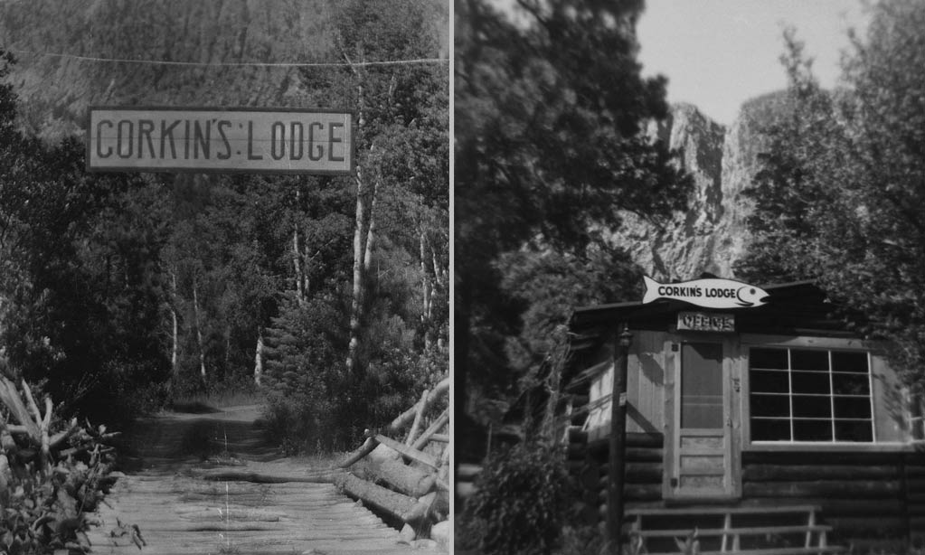 Black and white pictures of old Corkins Lodge signs