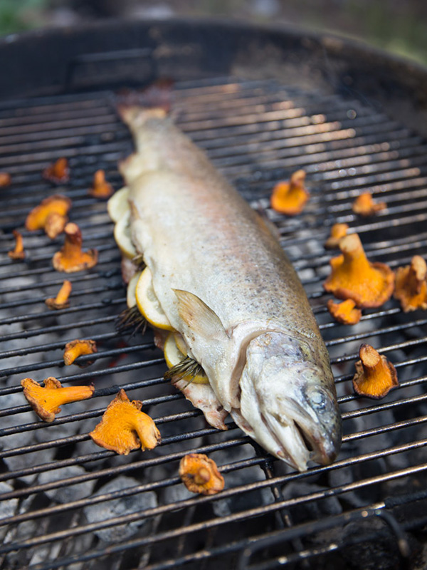 A trout grilling at Corkins Lodge