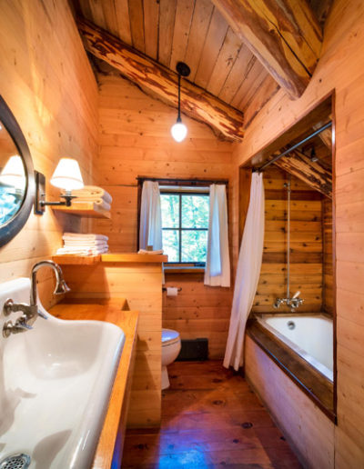 Bathroom sink and tub in log cabin