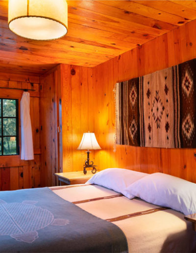 Bedroom with Queen bed, 2 nightstands with lamps wooden walls and ceiling