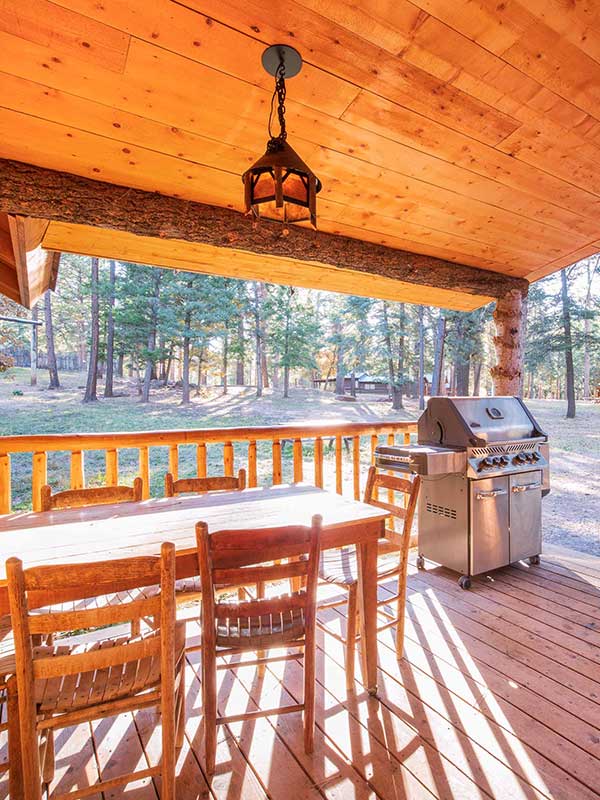 Patio deck porch with wooden chairs, tables, wood ceiling and BBQ Grill