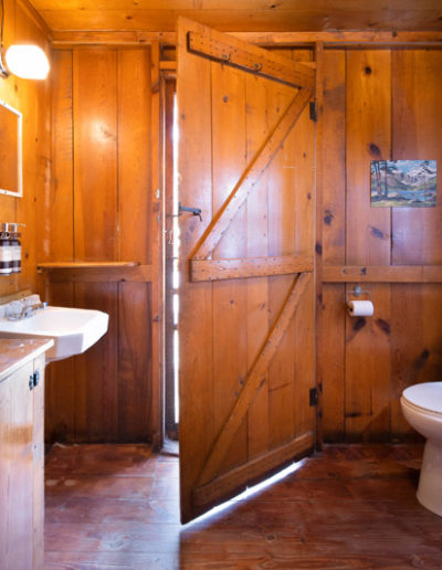 Wooden bathroom with sink, toilet