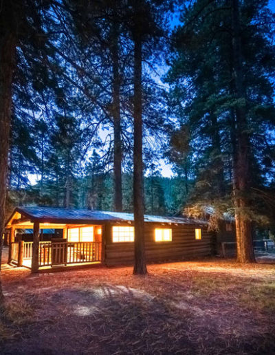 Wood cabin at dusk with lights shining through windows and tall pine trees