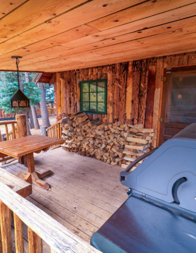 An exterior view of the Juniper cabin patio with grill, table, and a stack of firewood