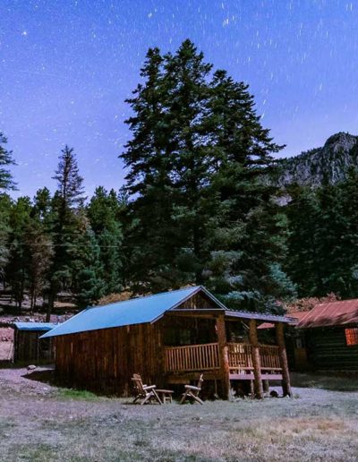 Knothole cabin at dusk with pine trees and stars in the sky