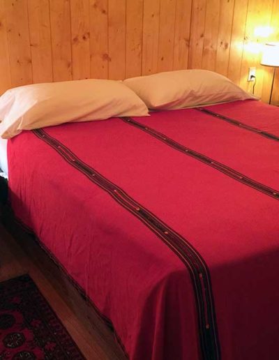 Bed in room with wooden paneling and 2 nightstands