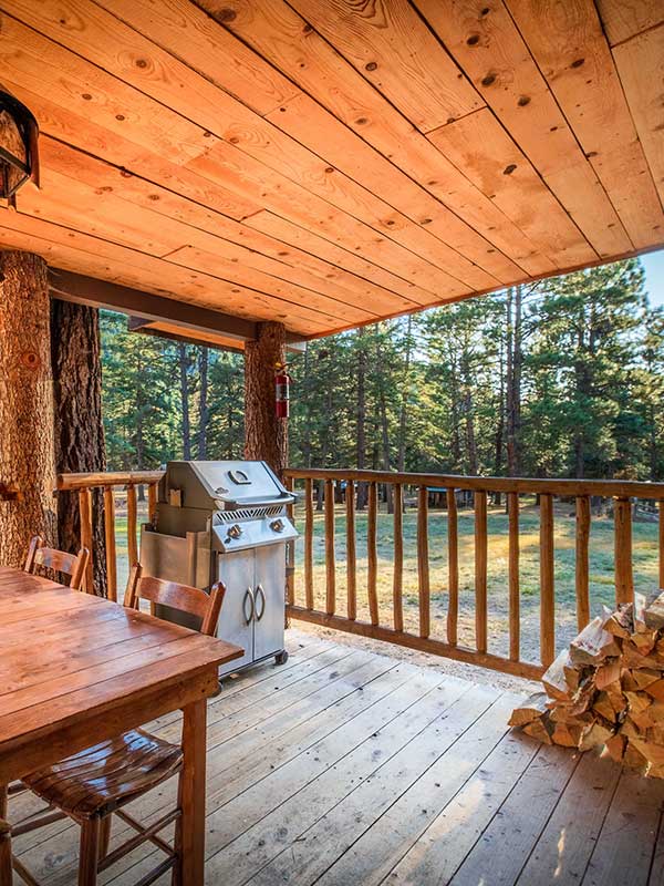 Cabin exterior with deck, table, grill, and firewood