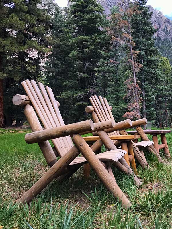 Adirondack chairs with pine trees