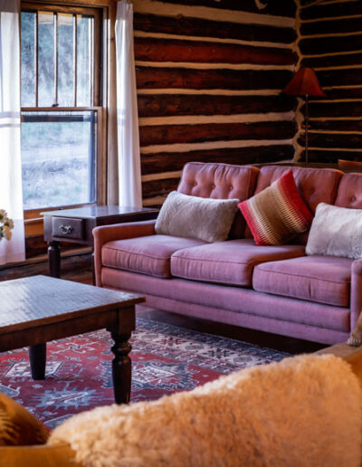 Log cabin living room with couches and coffee table