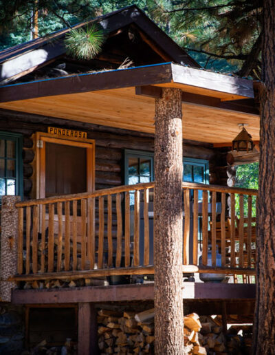 Exterior of ponderosa log cabin with sporch