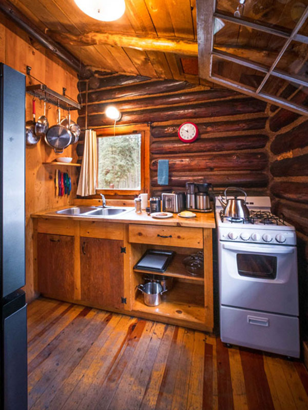 Tipton cabin kitchen with double sink, stove and cutting board.