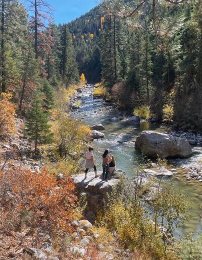 Three women on a rock by a river with tall pine trees