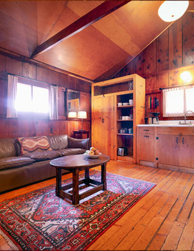 Wooden log cabin living room and kitchen area with leather couch and stove, sink table