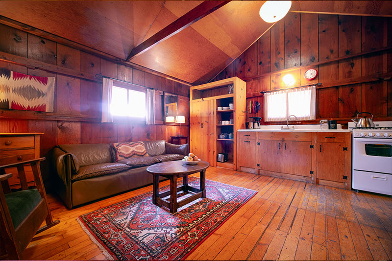 Wooden log cabin living room and kitchen area with leather couch and stove, sink table<br />
